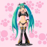  1girl absurdres animal_ears arms_up bell blush cat_ears cat_tail choker detached_sleeves green_eyes green_hair hatsune_miku head_tilt highres jingle_bell kayama_kenji long_hair navel paw_pose solo tail thigh-highs thighhighs twintails very_long_hair vocaloid 