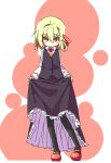  blonde_hair dress dress_lift hair_ribbon highres mary_janes pantyhose petticaot red_eyes ribbon rumia shamo_(koumakantv) shoes skirt_hold solo standing the_embodiment_of_scarlet_devil touhou youkai 