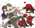  1girl boots couple dancing eyepatch flower formal gun holster long_hair mirai_nikki necktie nishijima_masumi pants purple_hair romantic rose suit tsundere uryuu_minene weapon zoff_(daria) 