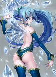  ass back bare_shoulders blue_eyes blue_hair blue_legwear choker detached_sleeves dragon_maker earrings from_behind ice ice_wings jewelry long_hair looking_back matsui_hiroaki ponytail simple_background solo symbol-shaped_pupils thigh-highs thighhighs very_long_hair wings 