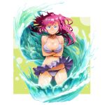  :&lt; ano_natsu_de_matteru bikini blue_eyes blush bracelet breasts cleavage crossed_arms frown glasses highres jewelry kousaku large_breasts long_hair navel o-ring_top red_hair redhead shiny shiny_skin skirt solo strap_gap striped striped_bikini striped_swimsuit swimsuit takatsuki_ichika water wind_lift 