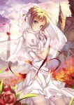  blonde_hair blush bridal_gauntlets bridal_veil church dress fate/stay_night fate_(series) flower green_eyes lingerie miyazaki_byou red_flower saber smile solo underwear veil wedding_dress white_legwear 