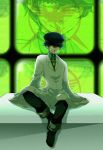  androgynous blue_hair chamame crossdressinging dark_persona female labcoat looking_at_viewer necktie pants persona persona_4 reverse_trap scanlines shirogane_naoto shoes sitting smile solo television televisions tomboy yellow_eyes zoom_layer 