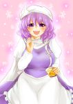  1girl absurdres apron breasts cape fingernails food hat heart high_collar highres ice_cream lavender_hair letty_whiterock long_sleeves looking_at_viewer mochinya21 open_mouth pin pink_background short_hair skirt skirt_set snowflakes solo spoon touhou violet_eyes waist_apron 