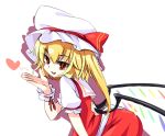  :d blonde_hair blown_kiss crystal fang flandre_scarlet hat hat_ribbon heart leaning_forward low_wings open_mouth red_eyes ribbon shamo_(koumakantv) short_hair simple_background smile solo the_embodiment_of_scarlet_devil touhou white_background wings wrist_cuffs 