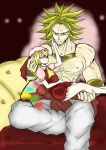  1girl bare_shoulders bed bedroom blonde_hair broly carrying chokobo_(fire89) couple crossover dragon_ball dragon_ball_z dragonball_z fire89 flandre_scarlet highres muscle on_bed red_eyes sitting super_saiyan touhou 