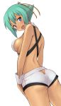  aquarion_(series) aquarion_evol ass breasts fang green_hair hashi no_panties open_mouth purple_hair short_hair short_shorts shorts sideboob simple_background solo white_background zessica_wong 