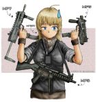  ahoge between_breasts blonde_hair blue_eyes brown_hair brugger-thomet_mp9 call_of_duty call_of_duty:_modern_warfare_3 dated digital_media_player dual_wielding english gun h&amp;k_mp5 h&amp;k_mp7 headphones heckler_&amp;_koch ipod_touch long_hair mp3 mp5 mp7 original pun sleeves_rolled_up sling solo specterz submachine_gun sweatdrop vertical_foregrip weapon wristband 