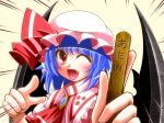  blue_hair fang hat highres kawasumi_yuuto open_mouth remilia_scarlet solo touhou wings wink 
