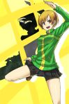  brown_eyes brown_hair footwear glasses legs looking_at_viewer miniskirt open_mouth persona persona_4 pleated_skirt purinnssu satonaka_chie shoes short_hair skirt socks track_jacket yellow_background 