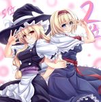  alice_margatroid blonde_hair blue_eyes bow breasts capelet grin hair_bow hairband hat highres kinntarou kirisame_marisa long_hair multiple_girls red_eyes short_hair smile teeth touhou v waving witch witch_hat 