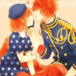  1girl aiguillette beret black_gloves bracelet closed_eyes dress eyes_closed gloves hand_on_another&#039;s_cheek hand_on_another&#039;s_face hand_on_another's_cheek hand_on_another's_face hat heart hiyoyogi ittoki_otoya jewelry military military_uniform nanami_haruka orange_background pantyhose polka_dot polka_dot_dress reaching red_gloves red_hair red_legwear redhead short_hair simple_background sitting uniform uta_no_prince-sama yellow_eyes 