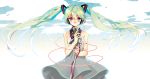  bare_shoulders cloud dress floating_hair green_hair hatsune_miku headphones long_hair microphone microphone_stand platina77 purple_eyes sky solo twintails very_long_hair violet_eyes vocaloid 
