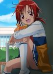  bottom_touching_surface haruyama hino_akane open_mouth panties precure red_eyes red_hair redhead school_uniform short_hair sleeves_rolled_up smile smile_precure! solo underwear 