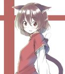  animal_ears blush brown_eyes brown_hair bust cat_ears cat_tail chen hiroya_juuren light_smile looking_at_viewer no_hat no_headwear short_hair simple_background solo tail touhou 