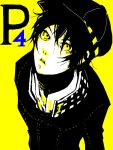  androgynous black_hair cabbie_hat crossdressinging face female haruaki_and_ogawa hat jacket looking_at_viewer monochrome open_mouth persona persona_4 reverse_trap school_uniform shirogane_naoto short_hair solo title_drop tomboy yellow yellow_eyes 