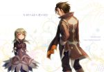  1girl alvin_(tales_of_xillia) blonde_hair bolero brown_eyes brown_hair coat cravat cropped_jacket dress elise_lutus hand_in_pocket height_difference jewelry koneri_(toyotarou) long_hair pants pendant purple_dress smile tales_of_(series) tales_of_xillia translated translation_request white_background yellow_eyes 