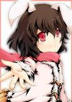  animal_ears border brown_hair bunny_ears carrot coat highres inaba_tewi kotaka outstretched_hand scarf short_hair smile solo touhou 