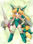  armor blonde_hair blue_eyes boots cape dragon_master green_background hand_on_hip head_wings helmet hips lance leotard long_hair low-tied_long_hair pauldrons polearm riesz seiken_densetsu seiken_densetsu_3 smile solo thigh-highs thighhighs very_long_hair weapon winged_helmet zipang 