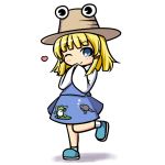  ;) blonde_hair blue_eyes hands_together hat heart kou512a moriya_suwako on_one_foot pyonta simple_background smile solo standing_on_one_leg touhou white_background wink 