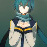  aqua_eyes aqua_hair green_background hands_on_own_chest headset kaito lemontea male nail_polish scarf simple_background smile solo vocaloid 