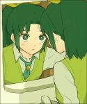  adjusting_hair expressionless faucet green_eyes green_hair hair_ornament midorikawa_nao mirror necktie ponytail precure smile_precure! solo sweater_vest 
