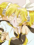  1boy 1girl 4_(nakajima4423) bare_shoulders blonde_hair blue_eyes blush brother_and_sister closed_eyes detached_sleeves eyes_closed hairband hand_holding headphones holding_hands incest incipient_kiss kagamine_len kagamine_rin necktie necktie_pull siblings side twincest twins vocaloid 