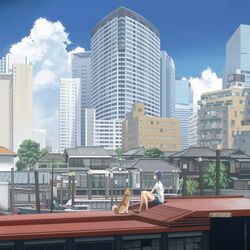  apartment black_hair blue_sky boat building city cloudy_sky crocs dock dog east_asian_architecture highres kusakabe_(kusakabeworks) original pole real_world_location shiba_inu shirt short_hair shorts sitting sky solo tokyo_(city) tree twintails white_shirt 