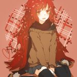  blush character_name flaky happy_tree_friends heart lemontea long_hair orange_eyes personification red_background red_hair redhead sitting skirt solo thigh-highs thighhighs v_arms very_long_hair wariza 