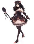  bare_shoulders black_gloves black_hair dress elbow_gloves gloves gothic_lolita headdress high_heels holding_spoon lolita_fashion long_hair magical_girl na_young_lee original pantyhose shoes solo spoon strapless_dress striped striped_legwear sweets_midnight_dessert 