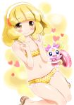  bikini blonde_hair candy_(smile_precure!) creature double_v flat_chest hairband heart heart_print highres kise_yayoi noto_(soranoto) polka_dot polka_dot_background polka_dot_bikini polka_dot_swimsuit precure print_bikini red_bikini short_hair smile smile_precure! swimsuit thigh_gap thighs v yellow_background yellow_bikini yellow_eyes 