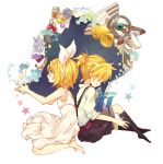  1girl 4_(nakajima4423) barefoot bell blonde_hair blue_eyes brother_and_sister cup dress finger_to_mouth footwear hair_ornament hairband hairclip kagamine_len kagamine_rin plate rubik&#039;s_cube rubik's_cube shorts siblings side socks stuffed_animal stuffed_bunny stuffed_toy teacup twins vocaloid watch wristwatch 
