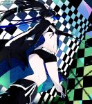  bikini_top black_hair black_rock_shooter black_rock_shooter_(character) blue_eyes boots chain chains coat funpjinju glowing glowing_eyes long_hair midriff navel pale_skin scar short_shorts shorts solo sword twintails weapon 