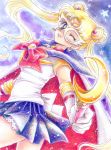  bishoujo_senshi_sailor_moon blonde_hair blue_background blue_eyes bow brooch cape choker colored_pencil_(medium) double_bun earrings gloves hair_ornament hairpin highres jewelry long_hair magical_girl mask pleated_skirt ribbon sailor_collar sailor_moon skirt smile solo tiara tomo_(rocket_start!) traditional_media tsukino_usagi twintails wand watercolor_(medium) white_gloves wink 