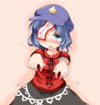  beret blue_eyes blue_hair blush covering covering_eyes embarrassed hat jiangshi looking_at_viewer miyako_yoshika nanana_(chicken_union) ofuda outstretched_arms short_hair simple_background solo touhou zombie_pose 