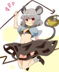  alternate_costume animal_ears arm_up basket bikini_top blush capelet dowsing_rod flat_chest gem grey_hair ica jumping midriff mouse mouse_ears mouse_tail navel nazrin red_eyes short_hair skirt smile solo tail touhou 