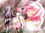  1girl black_hair boots closed_eyes coat couple estellise_sidos_heurassein eyes_closed gloves hand_holding haru_(arser_doil) holding_hands long_hair pants petals pink_hair short_hair smile tales_of_(series) tales_of_vesperia yuri_lowell 