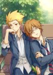  artist_name bench blonde_hair brown_hair chinese closed_eyes danshi_koukousei_no_nichijou dated eyes_closed glasses highres linjie male multiple_boys necktie school_uniform short_hair sitting sleeping striped striped_necktie striped_tie tabata_hidenori tanaka_yoshitake yellow_eyes 