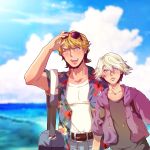  beach belt blonde_hair blue_eyes blush hawaiian_shirt hoodie ivan_karelin jeans keith_goodman male multiple_boys neichiru purple_eyes short_hair sunglasses tiger_&amp;_bunny violet_eyes 