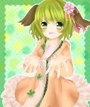  1girl animal_ears arms_up border flower frills green_background green_eyes green_hair hair_flower hair_ornament hair_ribbon kasodani_kyouko konamonndaisuki looking_at_viewer open_hands open_mouth orange_dress polka_dot polka_dot_background ribbon short_hair solo touhou 