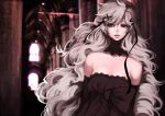  bare_shoulders big_hair camille_myriad_zentreza choker dress elbow_gloves gloves gothic gothic_architecture hair_ribbon lips long_hair na_young_lee original red_eyes ribbon solo strapless_dress white_hair 