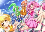  aoki_reika blonde_hair blue_eyes blue_hair blush candy_(smile_precure!) cure_beauty cure_happy cure_march cure_peace cure_sunny flying green_eyes green_hair hand_holding hino_akane holding_hands hoshizora_miyuki kise_yayoi long_hair magical_girl midorikawa_nao mtu multiple_girls orange_eyes orange_hair outdoors pink_eyes pink_hair ponytail precure skirt smile smile_precure! thighhighs tiara twintails v very_long_hair white_legwear yellow_eyes 