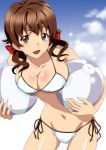  :o ball beachball bikini blush body_blush breasts brown_eyes brown_hair cleavage cloud collarbone guilty_crown heki_(axis) large_breasts leaning_forward looking_at_viewer menjou_hare navel open_mouth side-tie_bikini sky sparkle swimsuit twintails 