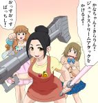  apron bazooka black_tri-stars comic dom ebihara_naho energy_sword grenade_launcher gundam hair_ornament idolmaster idolmaster_cinderella_girls jet_stream_attack lightsaber mimura_kanako moroboshi_kirari star_hair_ornament star_wars sword translated translation_request wata_do_chinkuru weapon 