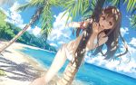  1girl :d beach bikini blush brown_hair dutch_angle hair_ornament highres kantoku koi_suru_kanojo_no_bukiyou_na_butai long_hair open_mouth payot pink_eyes side-tie_bikini smile solo swimsuit togawa_mayuu tree white_bikini white_swimsuit wrist_scrunchie 