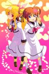  :d bow fate_testarossa hair_bow hair_ribbon hand_holding heart highres holding_hands loafers lyrical_nanoha mahou_shoujo_lyrical_nanoha mahou_shoujo_lyrical_nanoha_a&#039;s mahou_shoujo_lyrical_nanoha_a's multiple_girls open_mouth pantyhose ribbon school_uniform shoes smile sw takamachi_nanoha twintails two_side_up v 
