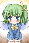  akou_roushi blue_eyes blush bottomless commentary commentary_request daiyousei fairy_wings green_hair hair_ribbon kneeling looking_at_viewer naked_sweater no_pants revision ribbed_sweater ribbon short_hair side_ponytail solo sweater tears touhou wings 