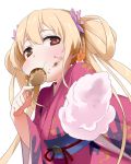  blonde_hair brown_eyes cotton_candy dirty eating food food_on_face futaba_anzu idolmaster idolmaster_cinderella_girls japanese_clothes kimono long_hair looking_at_viewer nemeko outstretched_arm puffy_cheeks solo takoyaki twintails 