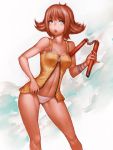  bare_shoulders blue_eyes brown_hair center_opening contrapposto final_fantasy final_fantasy_viii flipped_hair fumio_(rsqkr) humio navel nunchaku open_mouth panties pinky_out selphie_tilmitt solo underwear unzipped weapon zipper 