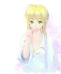  ahoge artist_request blonde_hair breasts brushing_teeth cleavage fate/stay_night fate_(series) green_eyes pajamas pale_color saber sleeves_rolled_up solo 
